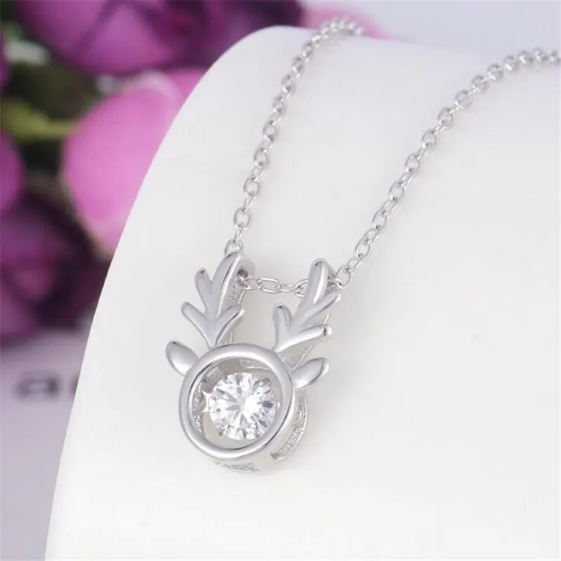 New Creative Can Move Sweet Antler 925 Sterling Silver Fashion Jewelry Christmas Gift Deer Crystal Pendant Necklaces XL243