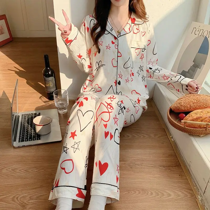여성용 2025 하트 스타 프린트 클라우드 코튼 카디건 파자마 세트 가을 겨울 긴팔 바지 포근한 스위트 홈 라운지웨어