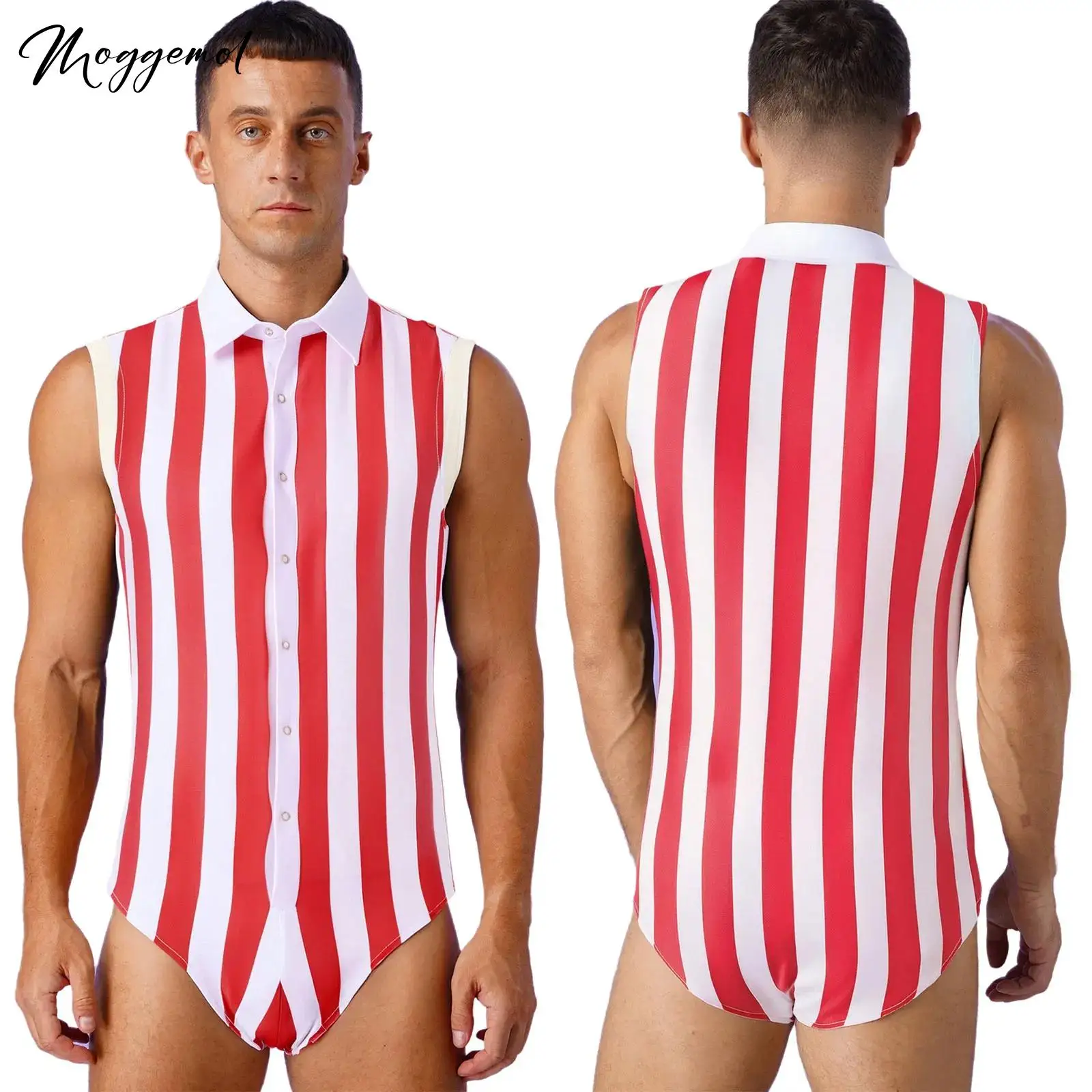 

Men Striped Bodysuit Shirt Tops Turn-down Collar Sleeveless Front Buttons Casual Romper Short Jumpsuit Office Tank Leotard Tops