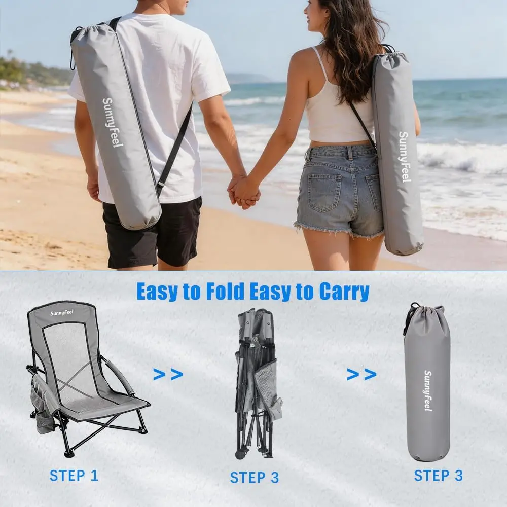 Folding Low Camping Beach Chair 2 Pack, Lightweight Portable Lawn Chair with Mesh Back, Cup Holder for Outdoor Travel Picnic Concert, Foldable Camp Backpack Chair with Carry Bag - view 5