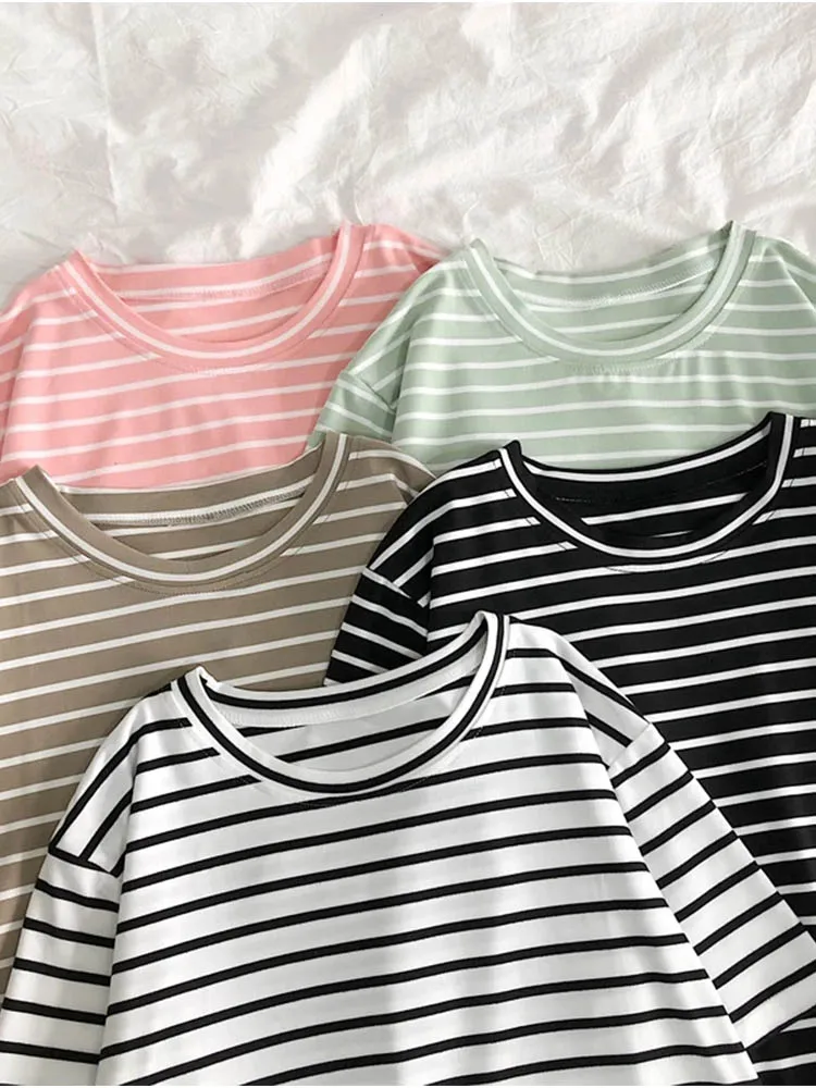 Harajuku Short Sleeve Korean O-Neck Casual Fashion Shirt Camiseta Feminina Tops T Shirt Women Solid Color Striped Punk T-shirt