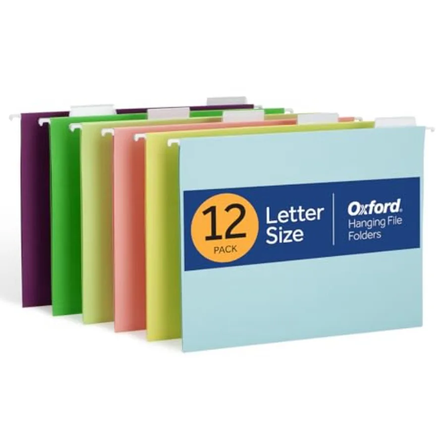 

Hanging File Folders, 12 Pack, Letter Size 8.5" x 11",6 Assorted Colors, 5 Tab Positions, Includes Tabs and Inserts, Hanging Fi
