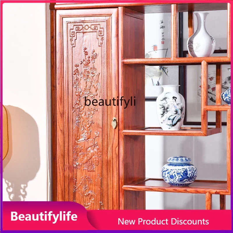 SMT07 New Chinese-style solid wood porch cabinet screen antique double-sided engraving enters the door shoe cabinet living room