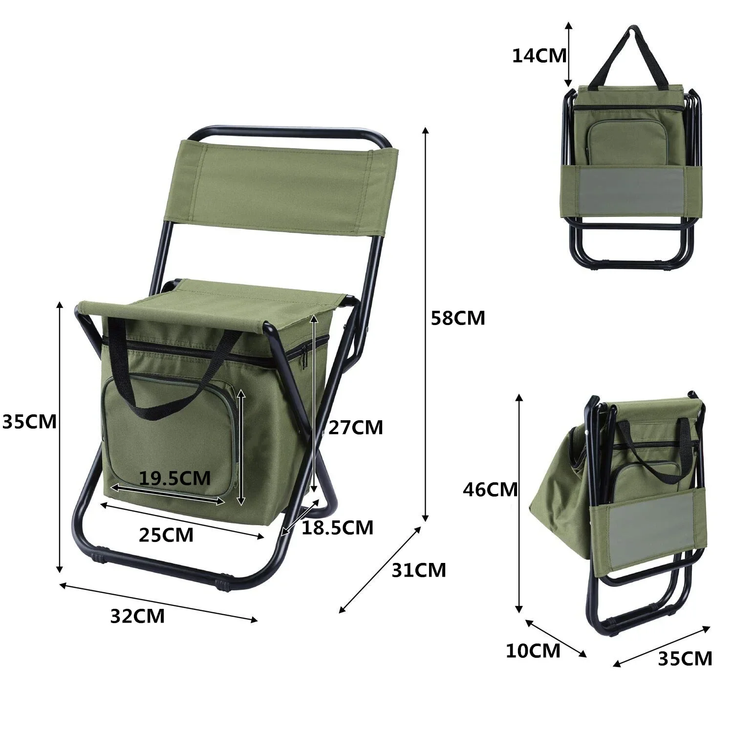 Portátil Outdoor Folding Camping Ice Pack Cadeira com saco de armazenamento, Encosto, Isolamento Pesca Cadeira, Cor Verde, Lazer