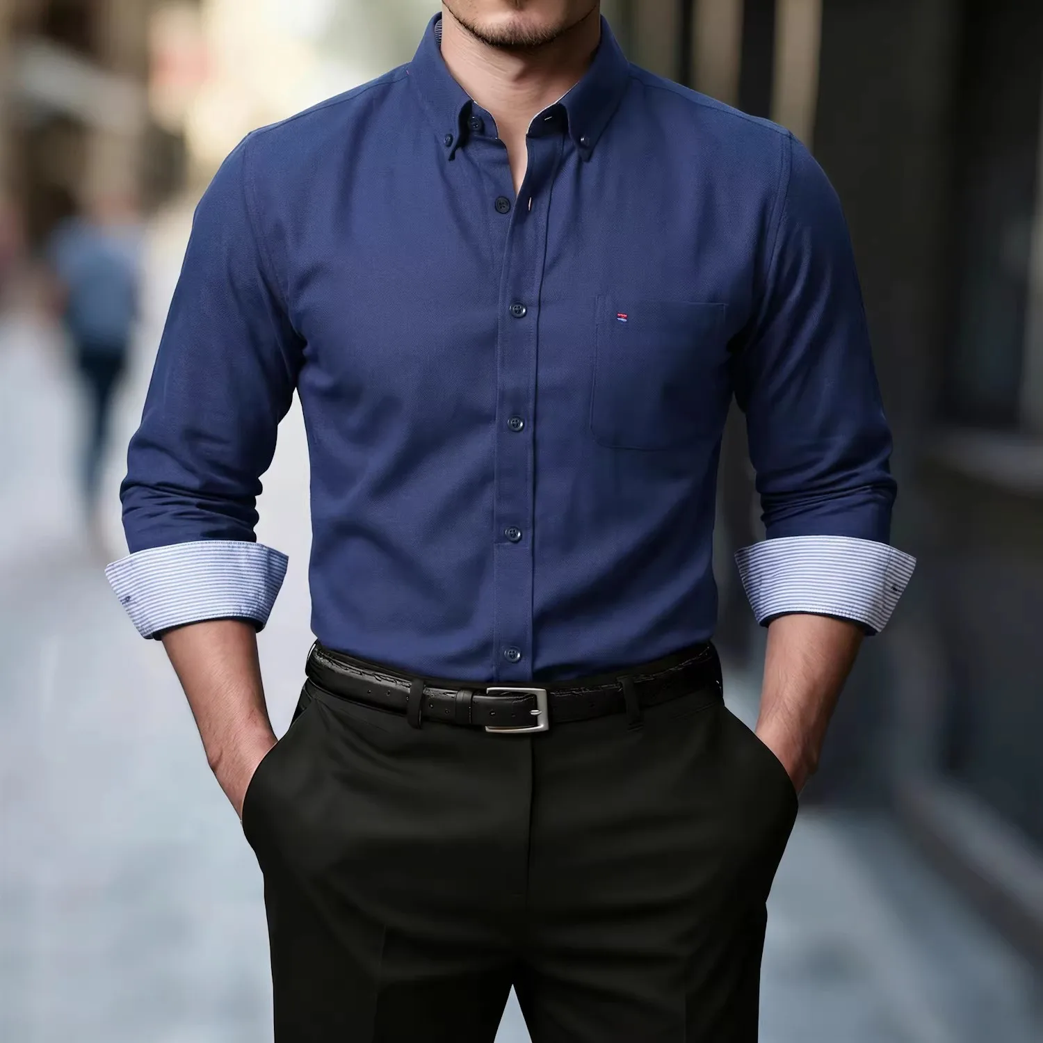Men's Pocket Designer Oxford Dress Shirts 5XL Vintage Casual Solid Color Long Sleeve Work Shirt Man Business Chemise Hommes Luxe