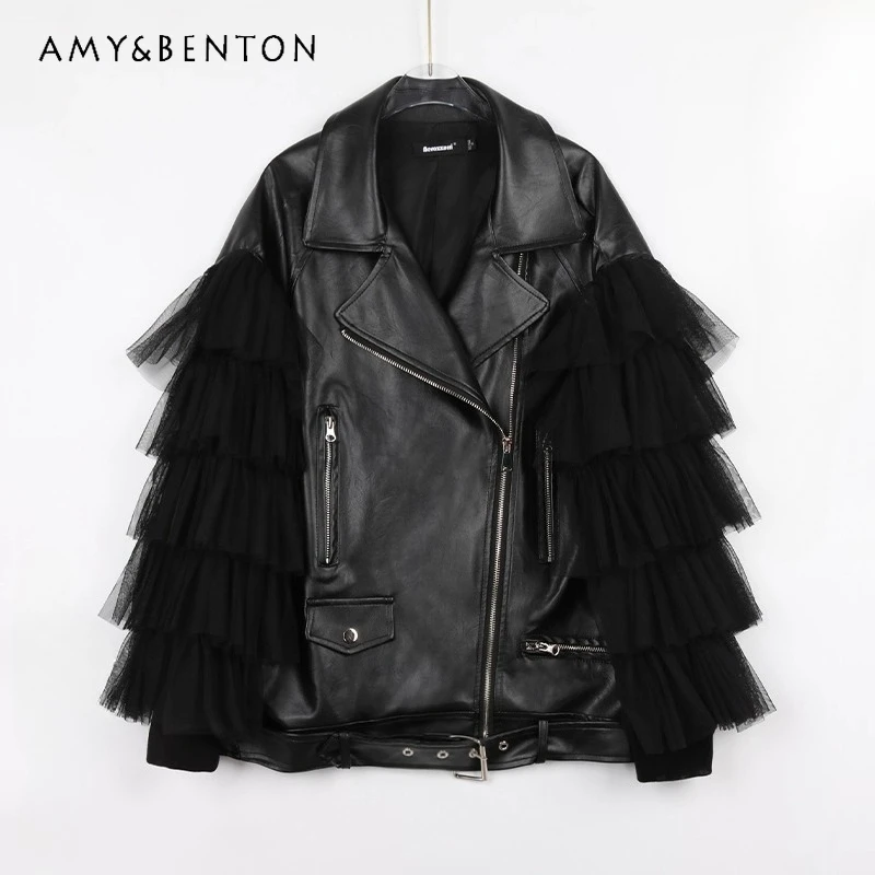 

2025 Autumn New Black Lace Splicing Women's Leather Jacket Original Punk Dark Locomotive Style Loose PU Leather Coats Ladies