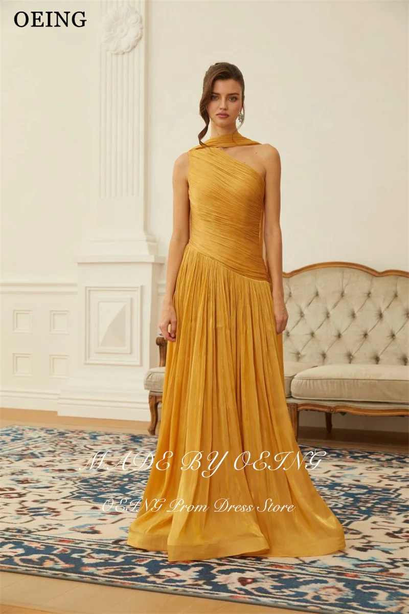 Oeing simples a linha vestidos de noite dourados um ombro sem mangas plissados vestido formal drapeado maxi vestidos de gala personalizados