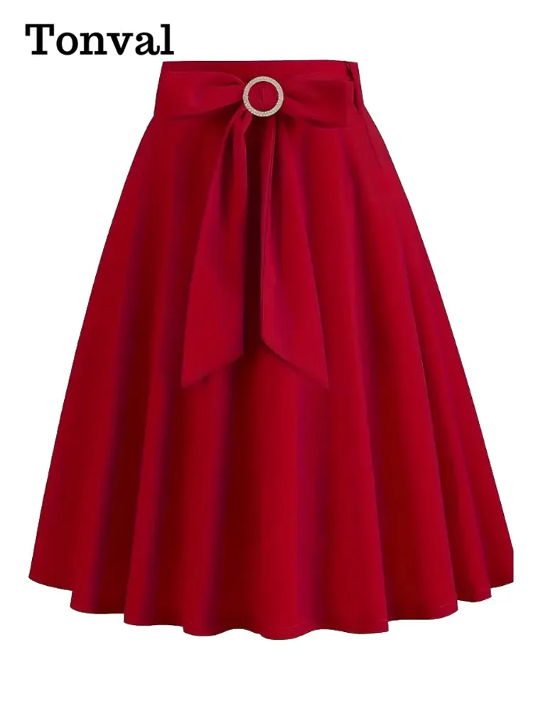 Tonval Bow Front Solid A-Line Women's Skirt Summer 1950s Vintage Style 2025 Knee Length Elegant Swing Skirts