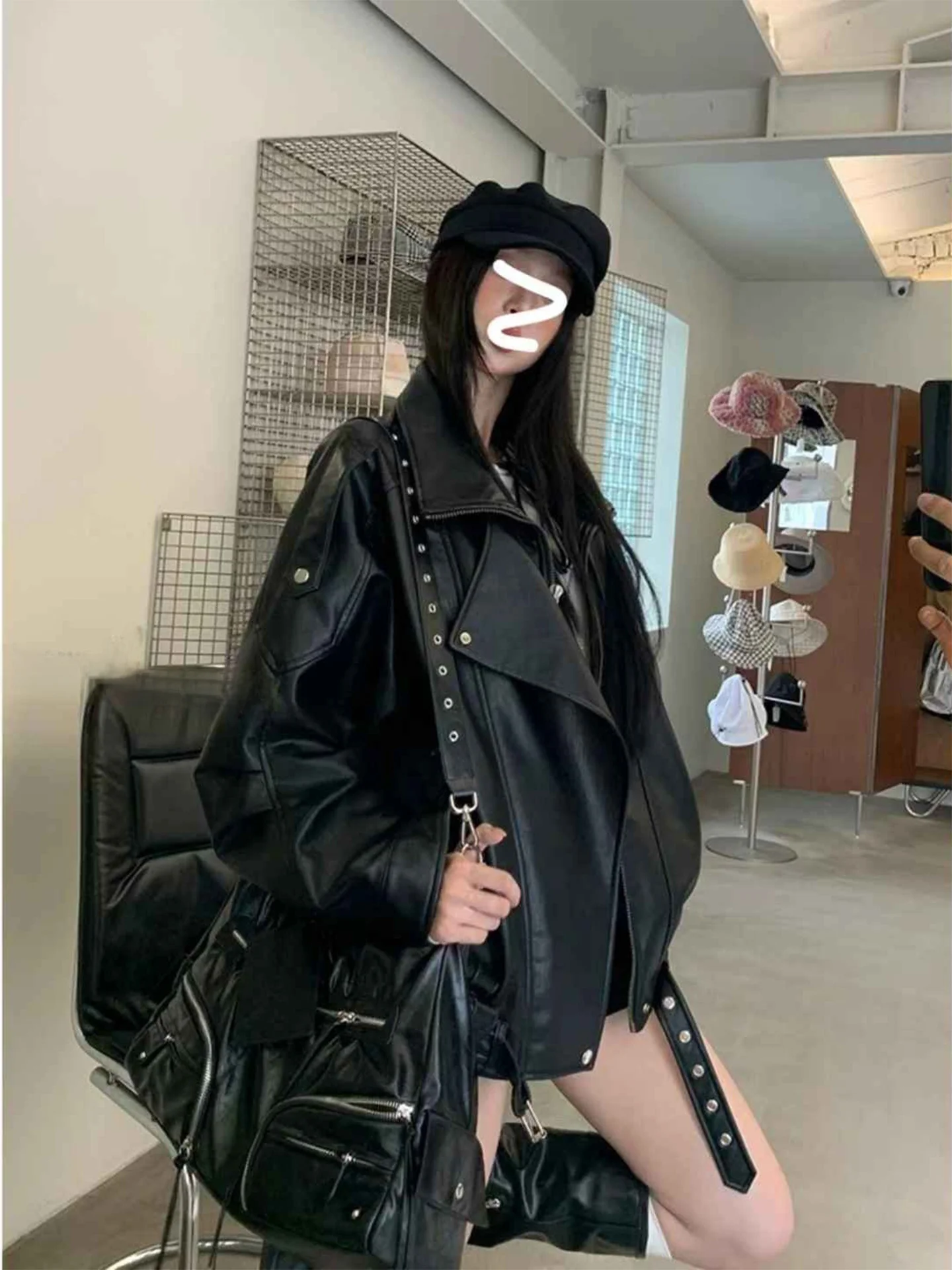 American Sle Women's Leather Jaet Heavy Du Bla Biker Vest Spring Autumn New Arrival Faionable Retro PU Coat