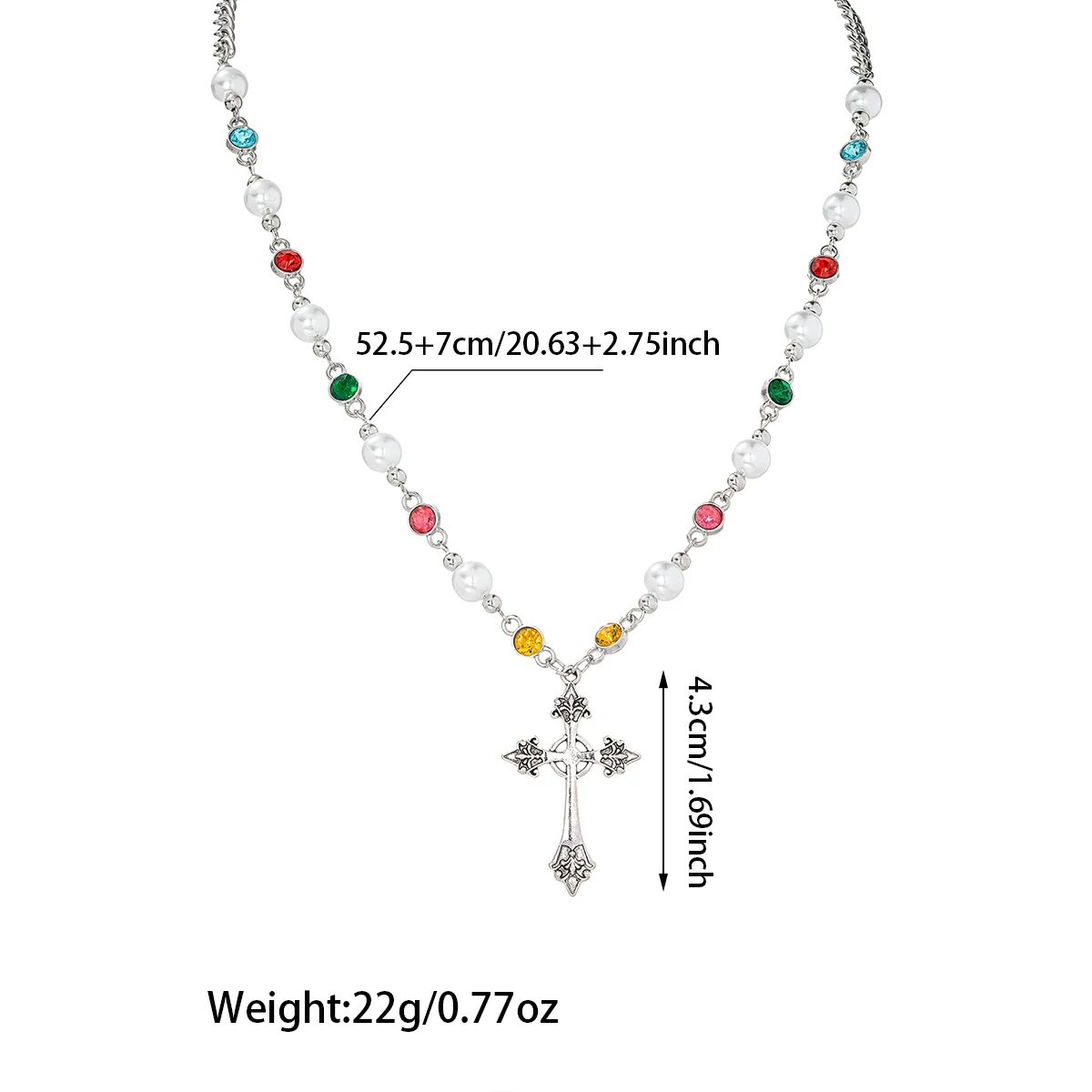1 Bohemian style cross pendant, imitation pearl colored zircon necklace, neutral men's and women's necklace