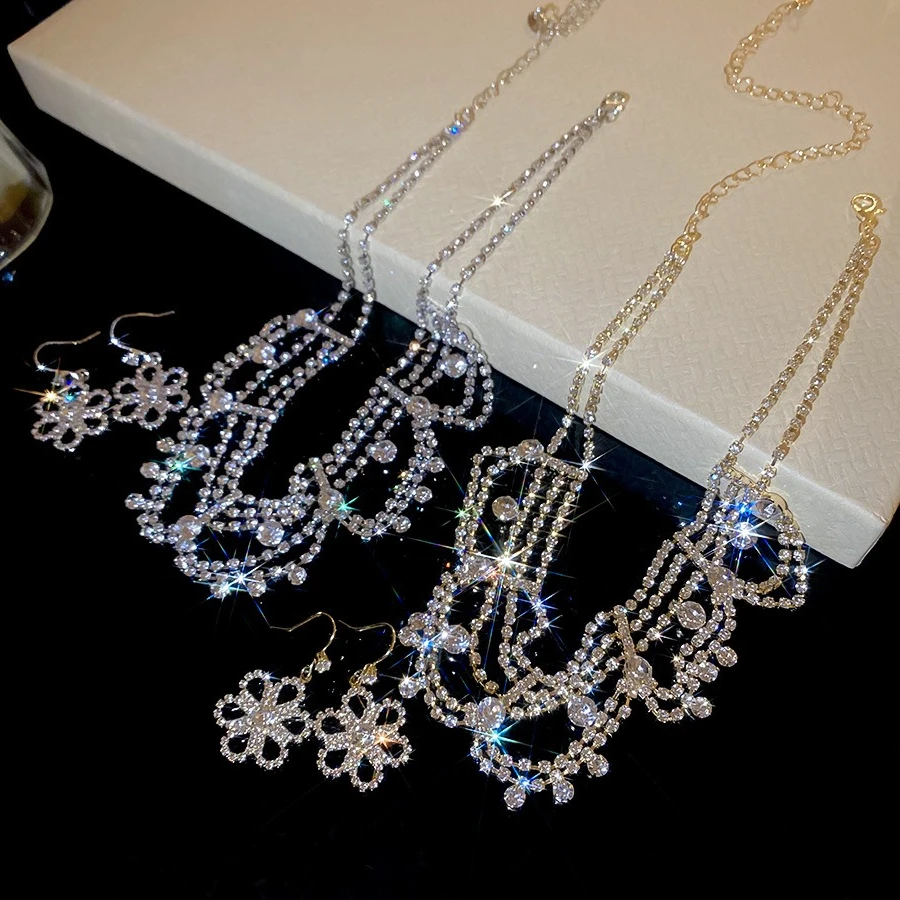 2 Pcs Double--layer Lace Chain Rhinestones Tassel Necklaces Set Gathering Gentle Hollowed Flower Drop Earrings for Banquet H