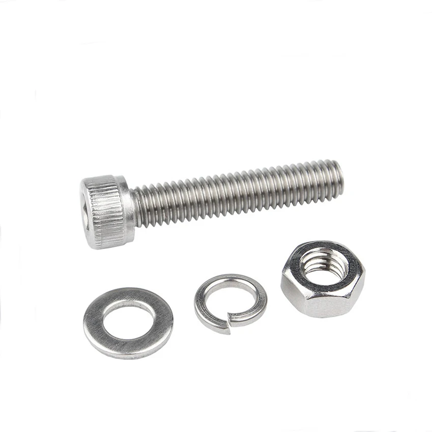 304 Stainless Steel Hexagonal Socket Head Bolt Nut Kit, With Flat Washer and Spring Washer, Fastener M2 M3 M4 M5 M6 M8 M10 M12