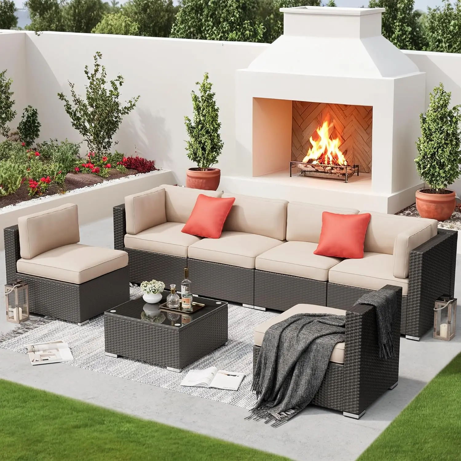 Outdoor Sectional Sofa, Rattan Wicker Conversation Sets with Ottoman, Glass Coffee Table and Washable Cushions