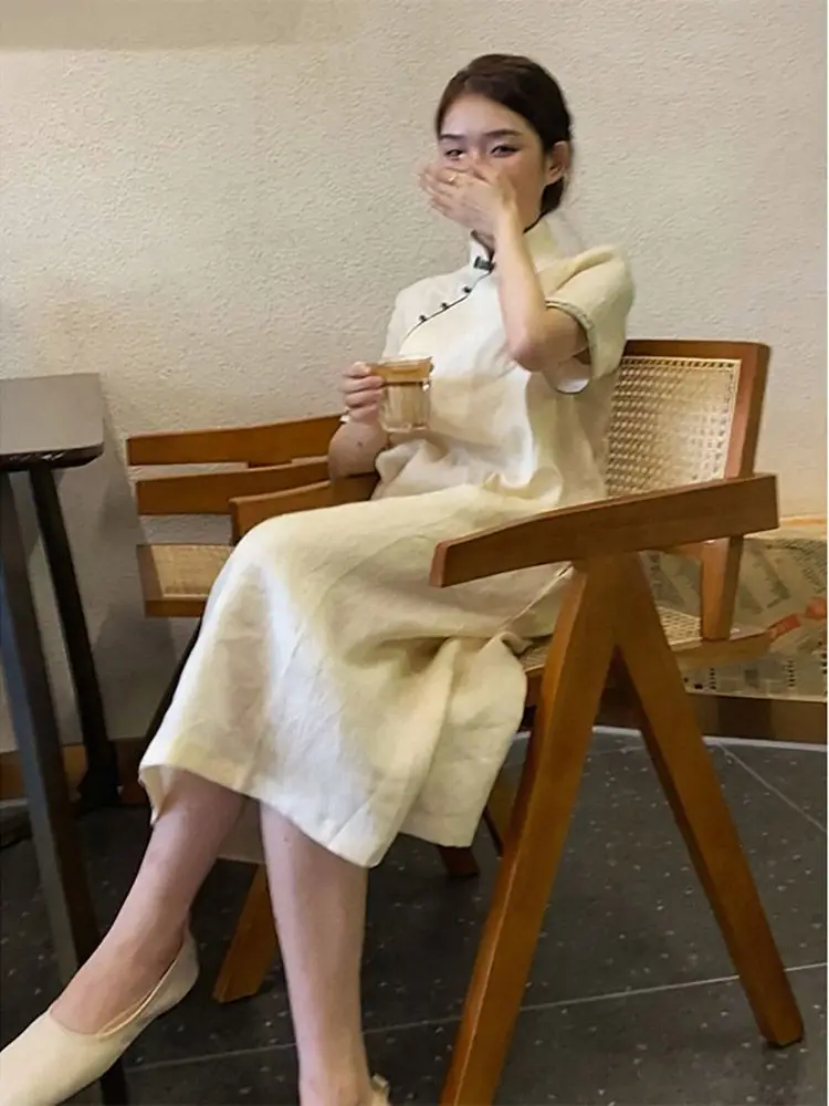 夏の新レトロバックル半袖ドレス女性中国風の緩い気質改善されたチャイナドレス