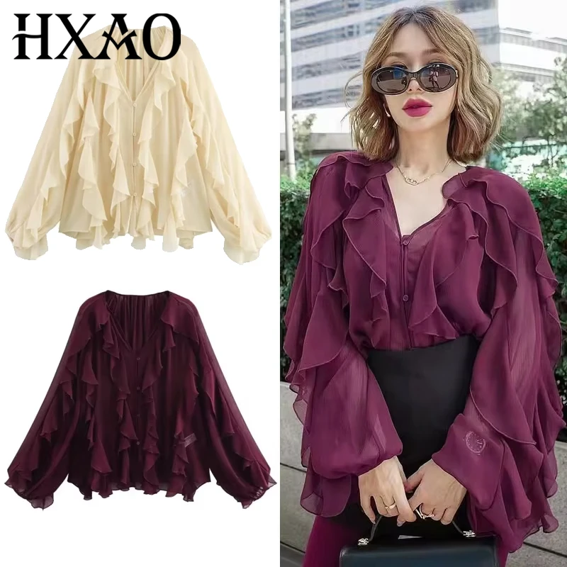 

HXAO Woman 2025 Ruffle Shirt Spring Summer Shirts & Blouses Semi-Sheer Button Oversized Shirt Elegant Tierred Resort Blouses 066