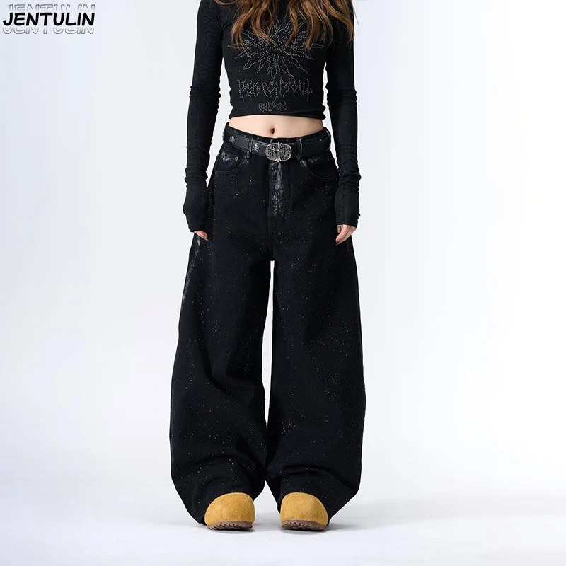 

Aesthetics Trendy Brand Starry Sky Splashed Ink Jeans Black Distressed Wide Leg Pants Street Hip-Hop Loose Straight Leg Pants