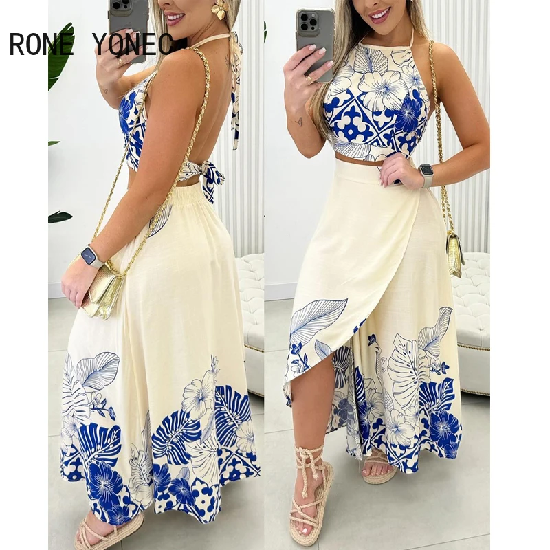 Women Allover Print Lace Up Halter Backless Crop Tops & Skirt Maxi Vacation High Silt Skirt Sets