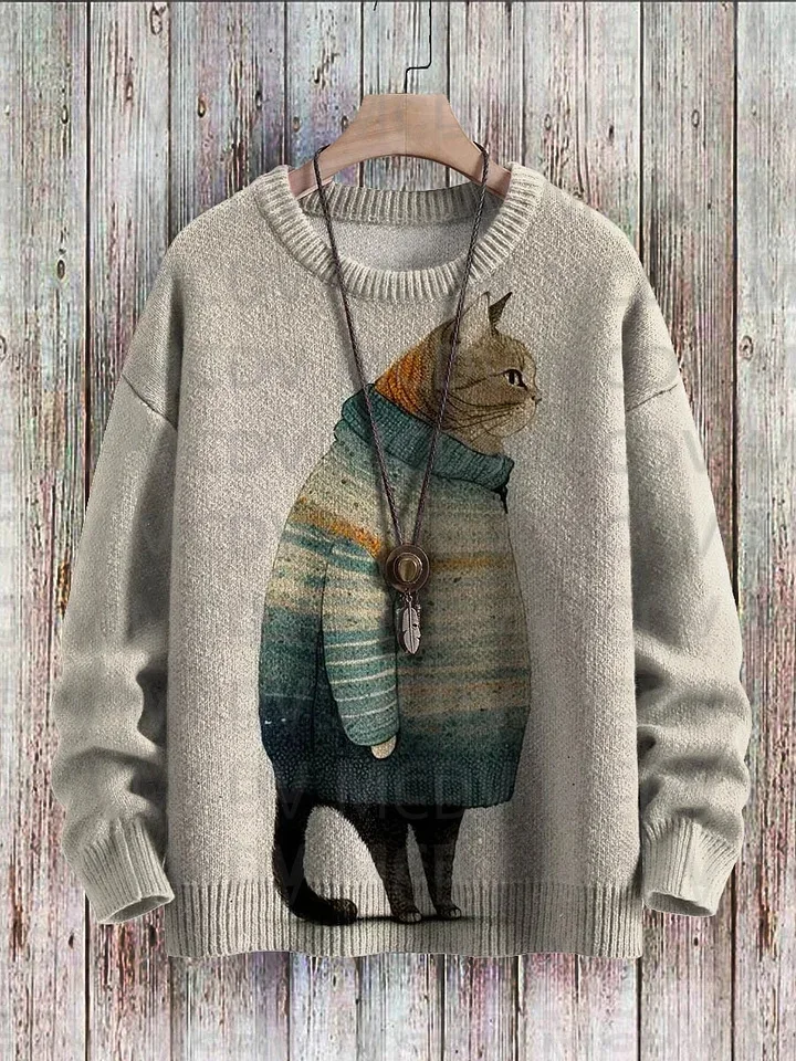 Cute Winter Cat Art Pattern Print Casual Knit Pullover Sweater Men\'s For Women\'s Pullover