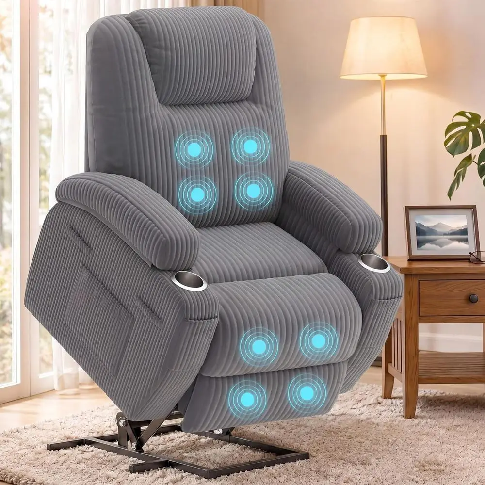 

Ergonomic Corduroy Massage Recliner with Cup Holders and Side Pockets for Seniors, Remote Control, Gray