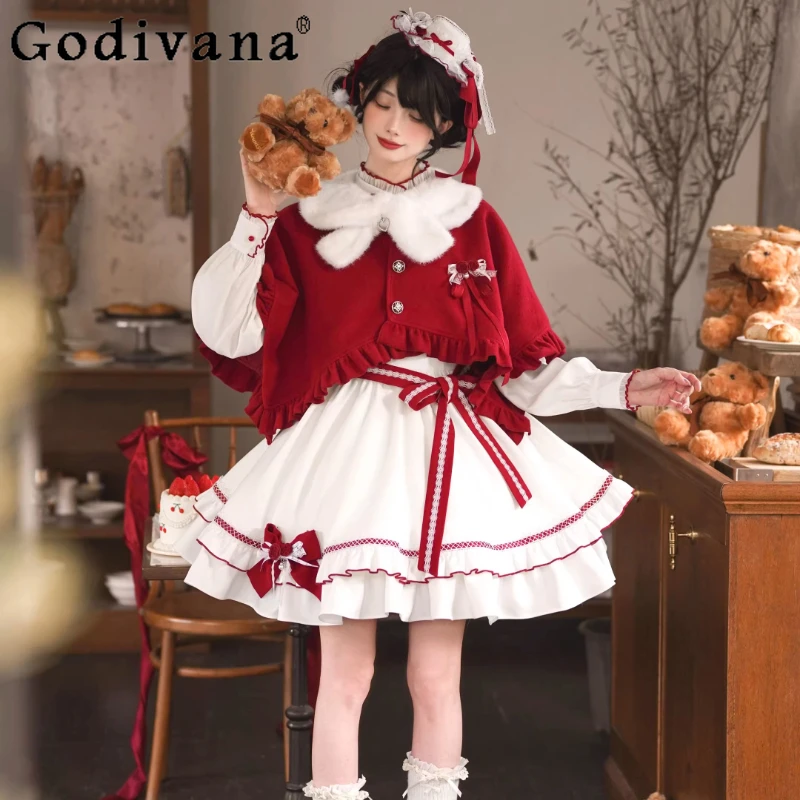 

Новогодняя рождественская вечеринка, милое платье Лолиты, комплект накидок, осень-зима, новое японское милое платье для дня рождения для девочек, комплект с шалями