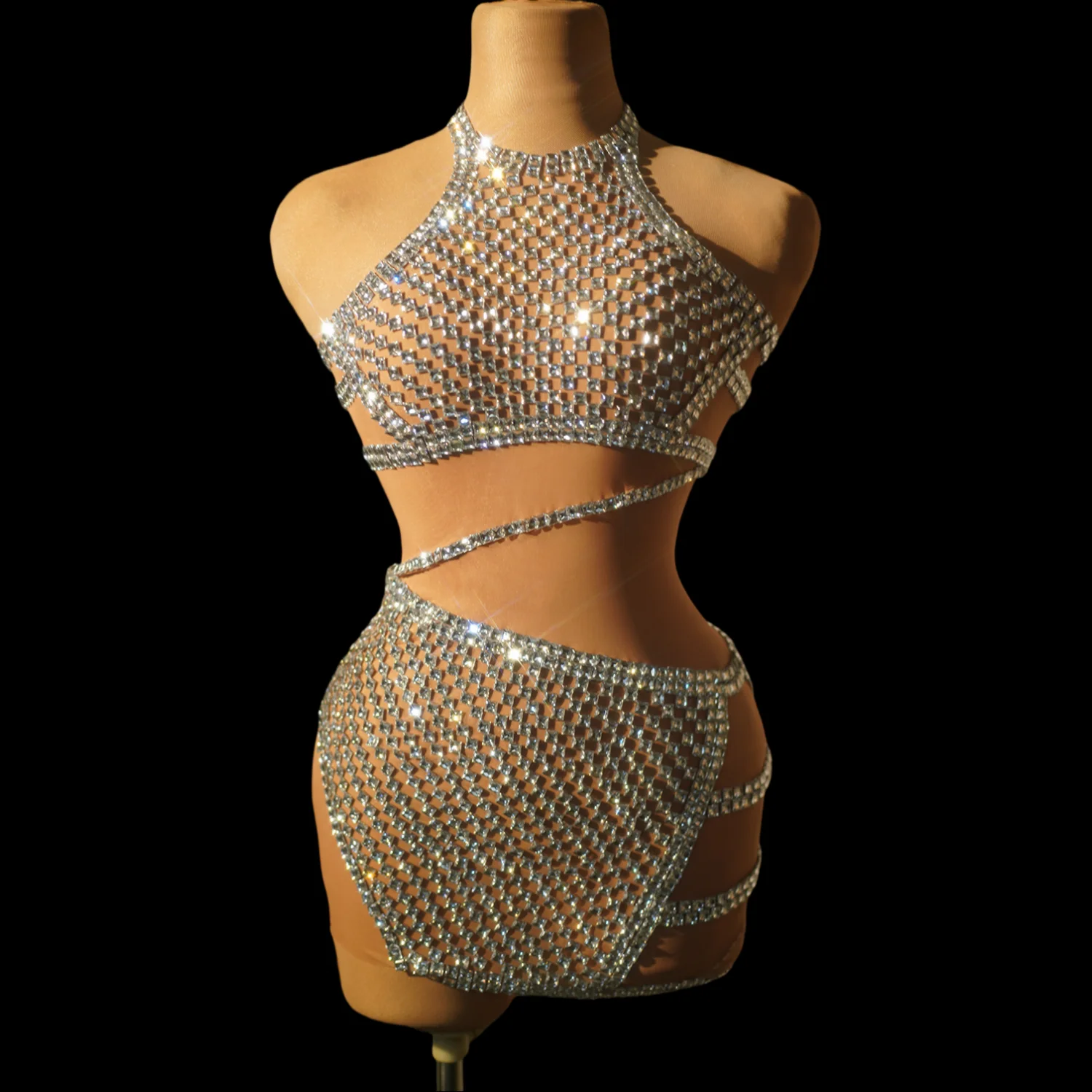 Sexy Singer Stage Show Costume Nightclub Club Sexy Mini Dress for Women Sparkly Crystal See Through Mesh Girl Photo Shoot Dress