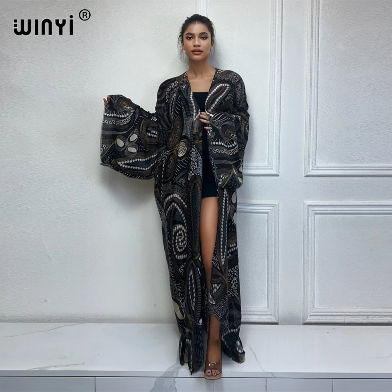 WINYI kimono beach wear women 2024 dress beach cover up Cardigan Hot stamping Retro print coat abayas dubai luxury muslim dress