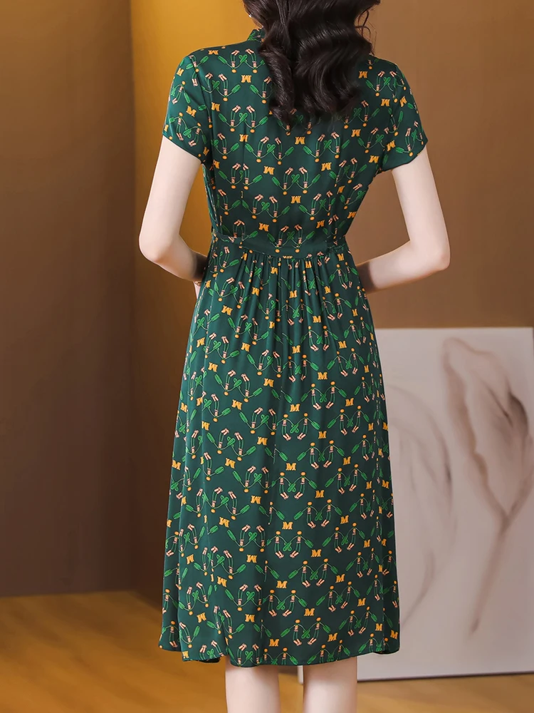 Summer Green Print Silk Short Sleeve V-Neck Midi Dress Women Fashion Elegant Bodycon Prom Dress 2024 Korean Vintage Luxury Dress