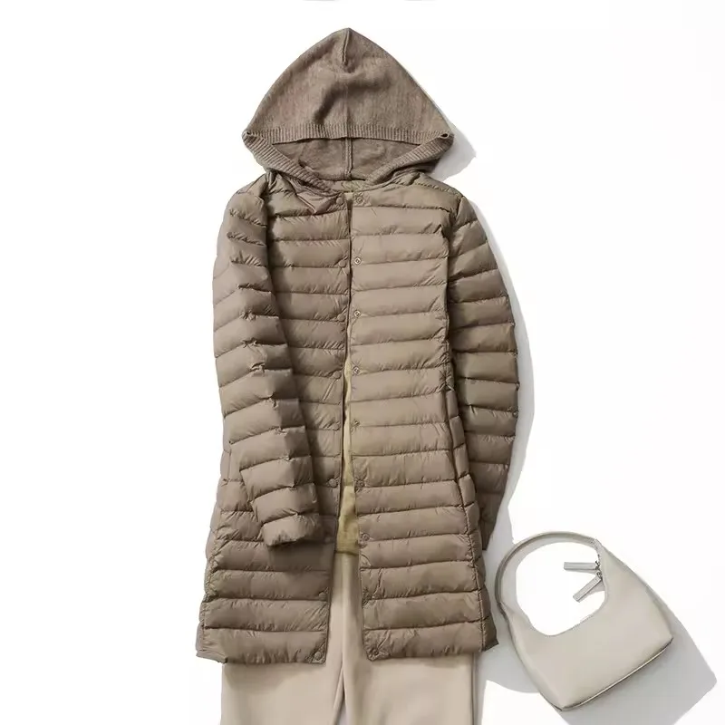 Autumn Winter Women Warm Light Thin White Duck Down Jacket Parkas Knitted Pactwork Hooded Down Coat Female Long Puffer Outwears