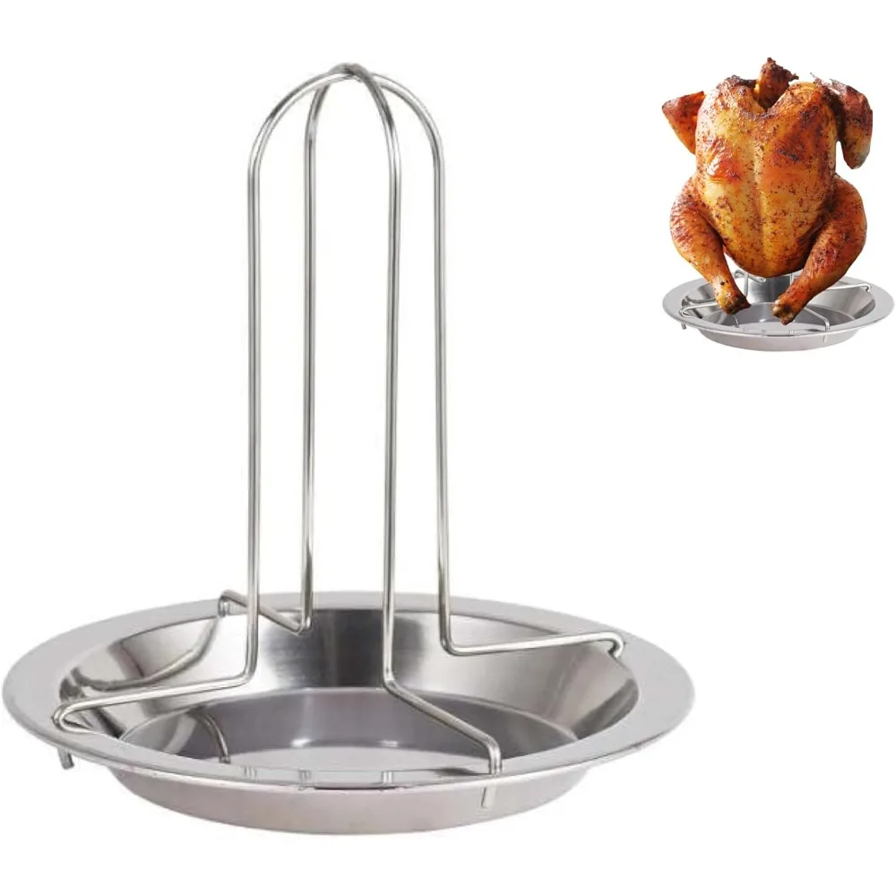 Soporte para asar pollo Vertical de acero inoxidable con bandeja de goteo, herramientas para asar pollo, pavo, pato, suministros de cocina