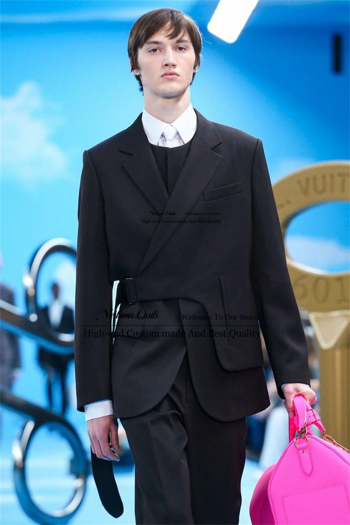 

Black With Belt Male Prom Blazers 2 Pcs Sets Notched Lapel Groom Wedding Tuxedos Casual Slim Fit Customized Costume Homme