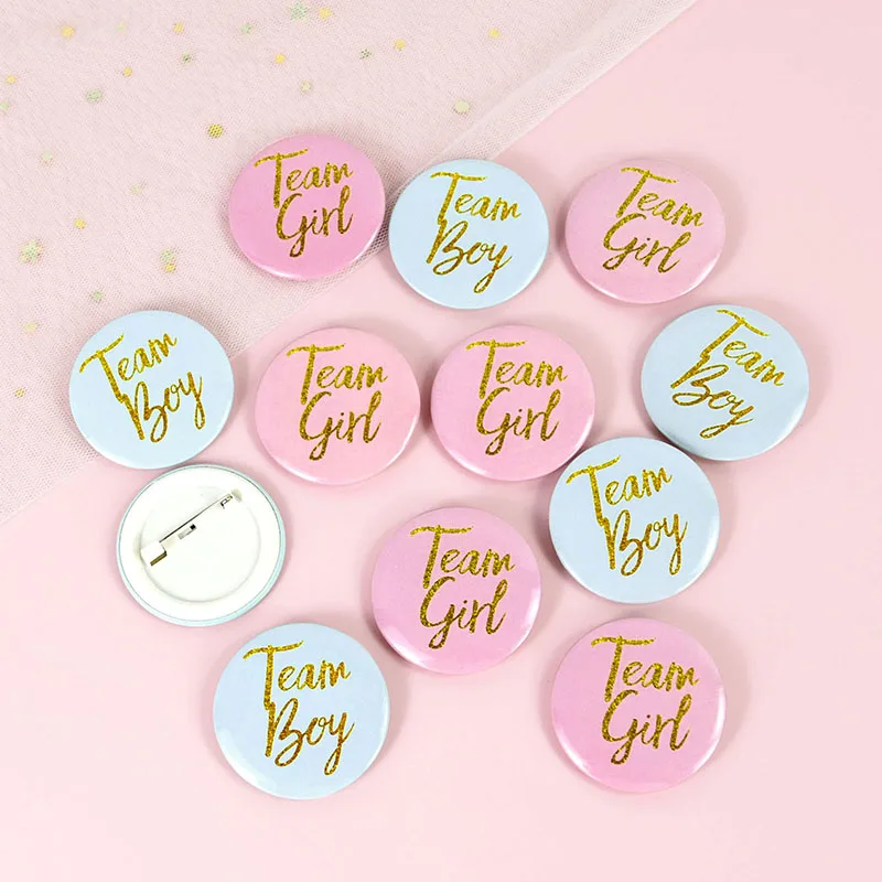 

12pcs Boy or Girl Gender Reveal Party Supplies Blue Pink Team Boy Girl Tinplate Badges Button Pins For Baby Shower Decorations