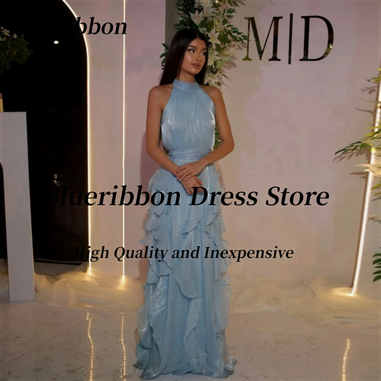 Blueribbon High Collar Prom Dresses Sleeveless Zipper Back Birthday Party Dress Long Ruffles Special Evening Gowns Customized