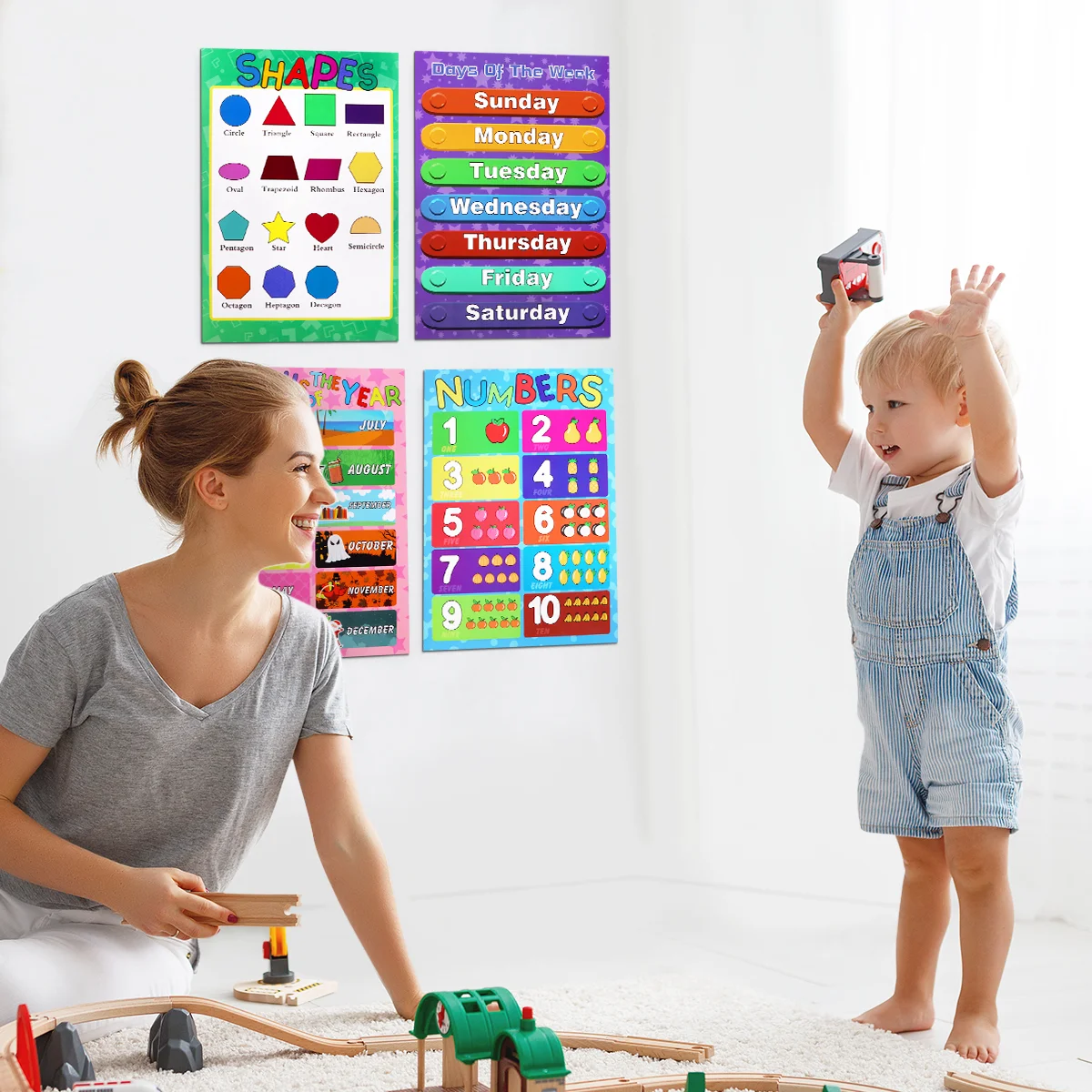 Pósteres preescolares para niños, días educativos de la semana, gráficos tempranos, decoración de guardería, números de pared, meses del año