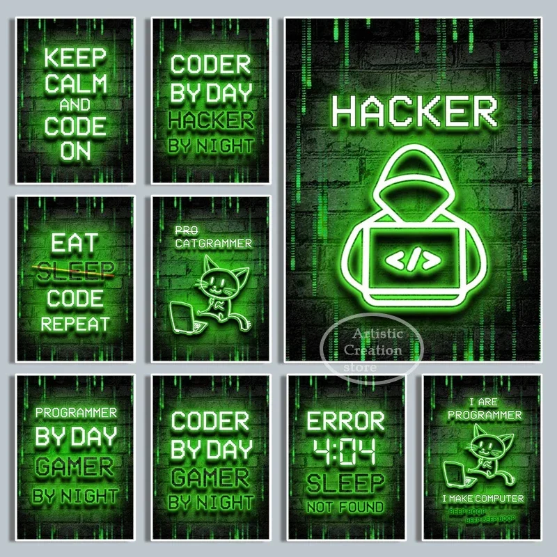 Neon Sign Gamer Hacker Code Programmer Art Canvas Paintings Posters and Prints Wall Art Pictures Gamer for Bedroom Decoration