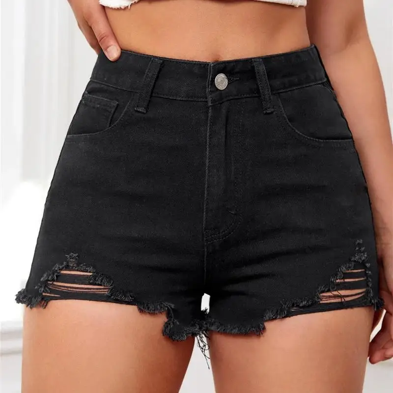 High Waist Denim Shorts PD08277 Hole Punching No Elasticity Black Color Women's Premium Jeans Cross-Border eBay Wish