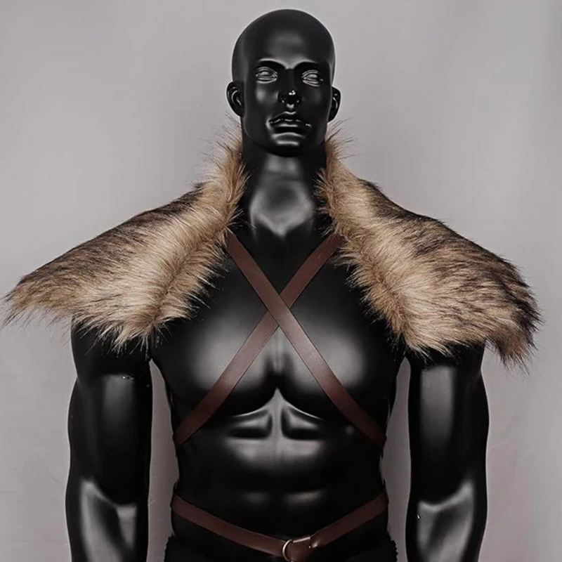 Bufanda con cuello de manto de pieles sintéticas para hombre, accesorio de disfraz de vikingos para Cosplay de Halloween, pieles envolventes para hombros de samurái Vintage para fiesta y escenario
