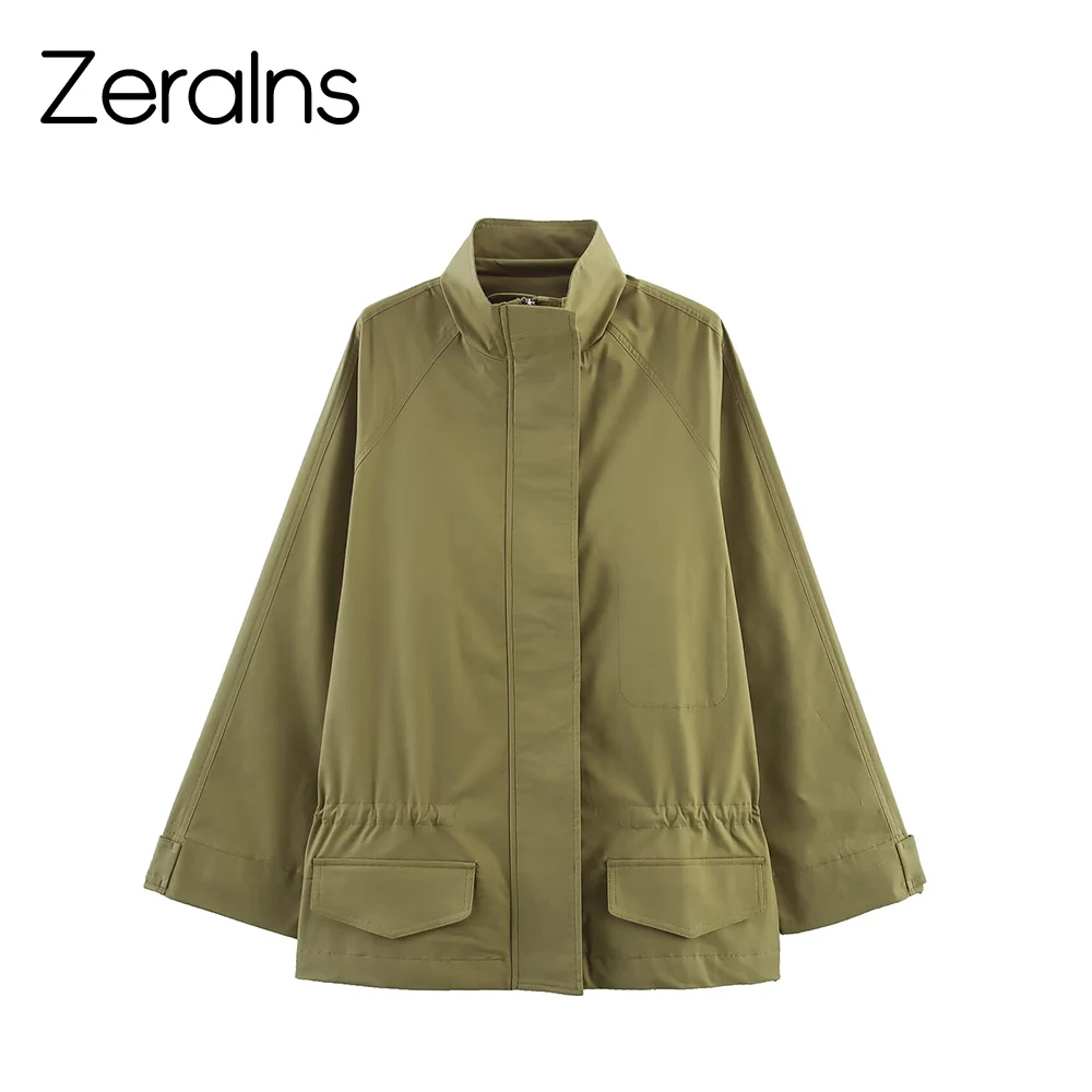 

ZERAINS 2025 Autumn New Women's Casual Loose Zipper Drawstring Large Pocket with Parker Coat Jacket