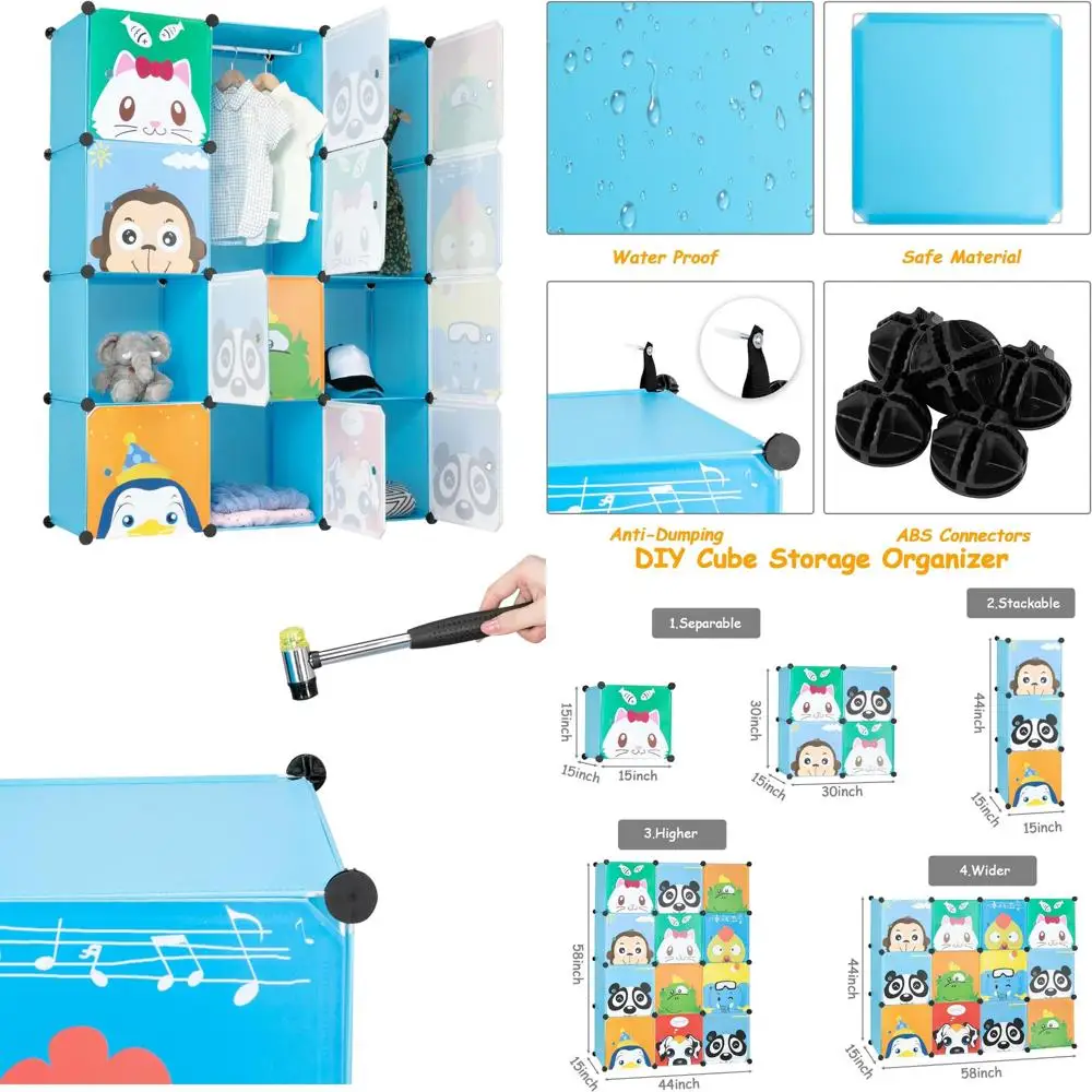

Portable Modular Kids' Wardrobe Organizer with 8 Cubes and 2 Storage Spaces, Durable and Safe DIY Storage Solution for Children'