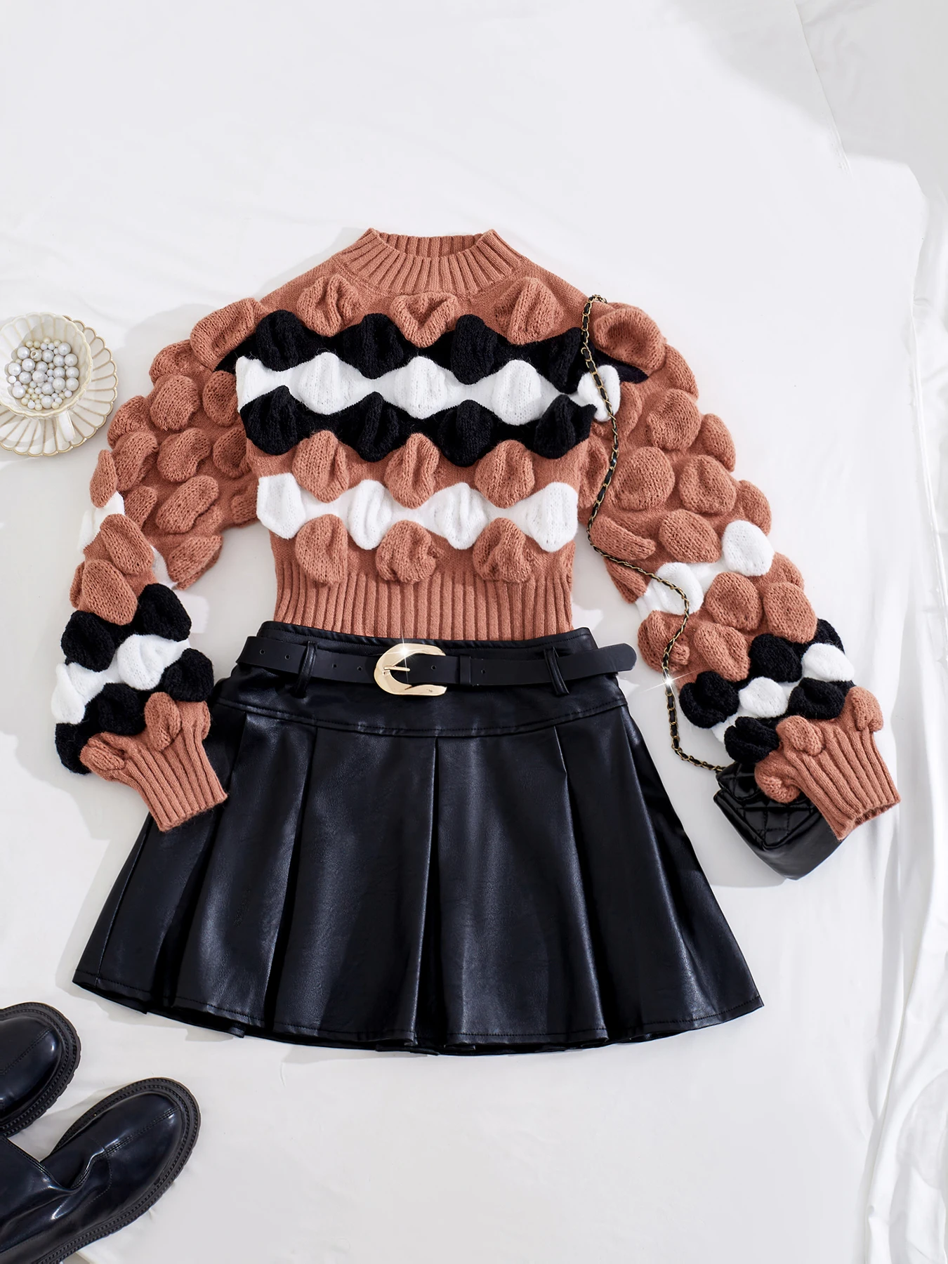 Fashion Bubble Pattern Contrast Color Pullover Long Sleeve Sweater-Women's Tops Hot Wool Soft Knitting