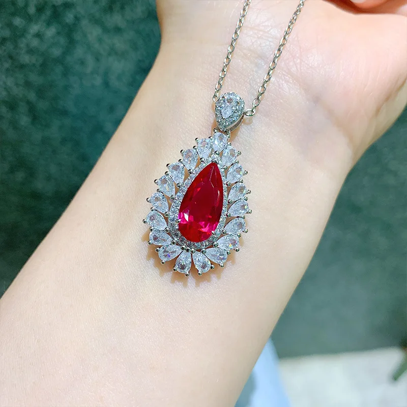 Corundum Pendant Jewelry Set Red Ruby Party Ring for Women