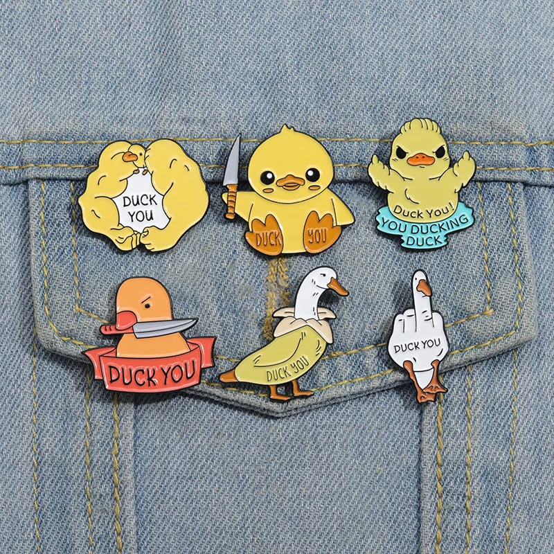 Duck You Animal Series Enamel Pin Cartoon Funny Duck with Knife Brooches Lapel Backpack Badge Jewelry Gifts for Kids Friends