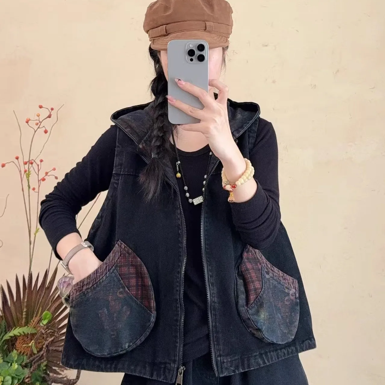 

Women's Loose Fit Denim Vest Spring Autumn Vintage Ethnic Print Hooded Slimming Casual Open Cardigan Top Outerwear