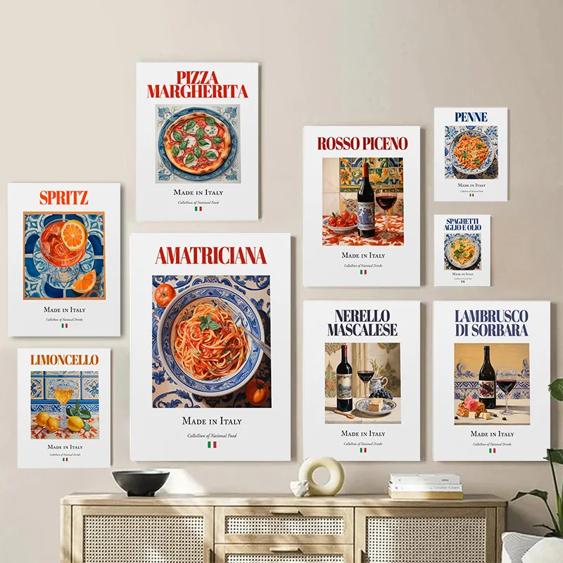 Modern Italian Noodles Pizza Food Decoration Poster Print Juice Cocktail Art Canvas Painting Kitchen Restaurant Wall Decoration