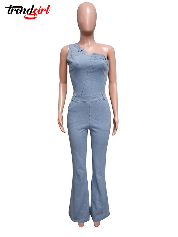 Mlaiscsr Women Sexy One Pieces Denim Overalls One Shoulder Sleeveless Stretch Jean Jumpsuits Flared Pants Birthday Party Romper