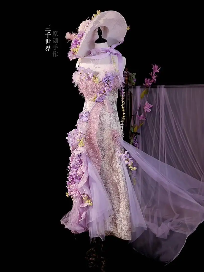 

Chinese-style Lavender Floral Tulle Wedding Dress With Hat Handmade Fairy Gown For Photoshoot Adult Dress Skirt Set