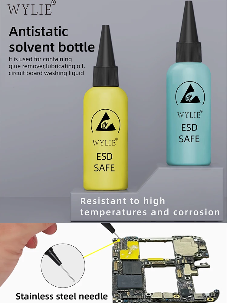 

WYLIE 60ml ESD SAFE Solvent Bottle Double Cap Leak-proof for Mobile Phone Repair Alcohol Glue Solution Solvent Dispensing Tool