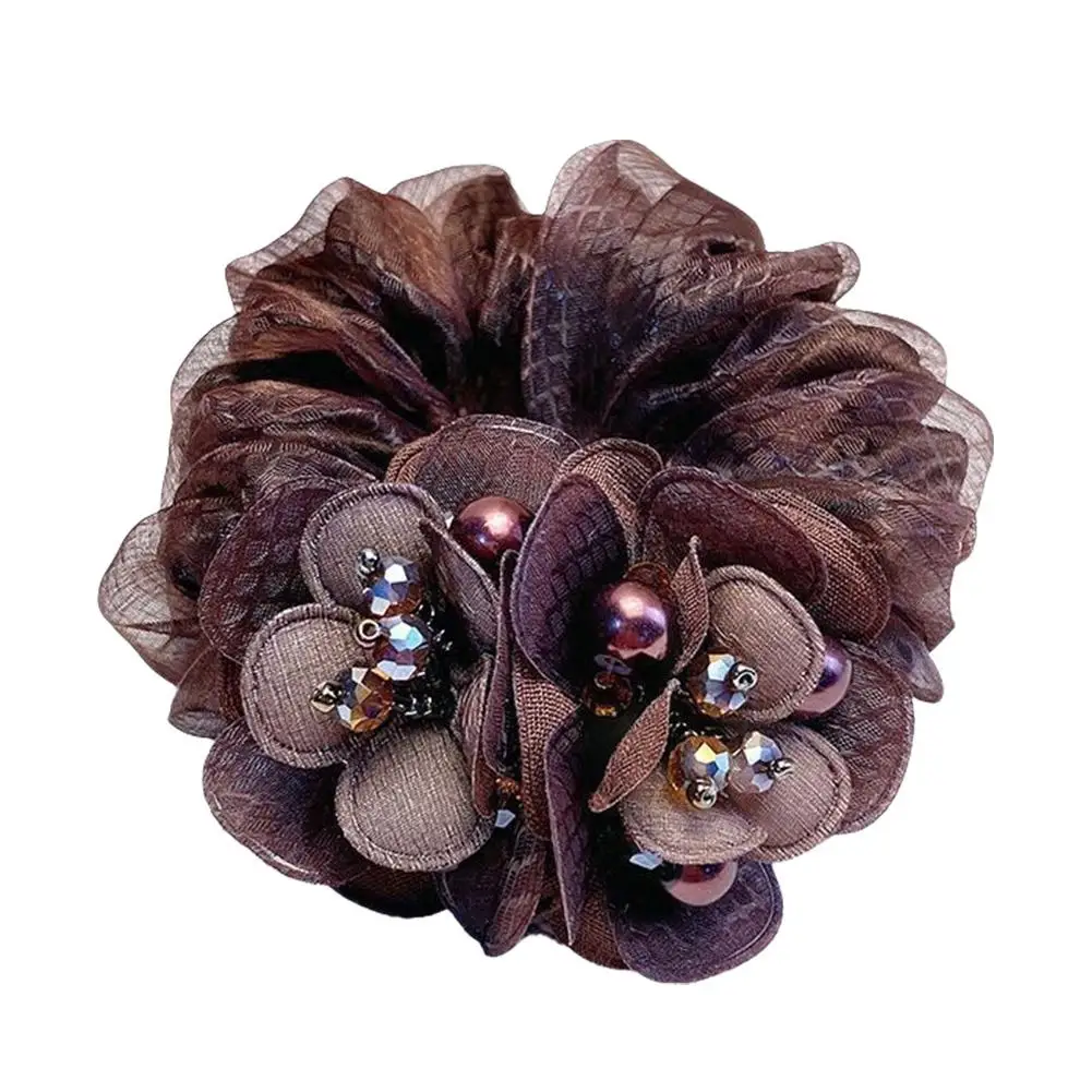 Beautiful Hair Ropes Bling Pearl Flower Scrunchie Transparency Ponytail Elastics Headwear Organza Hair Ties Holder W4T7