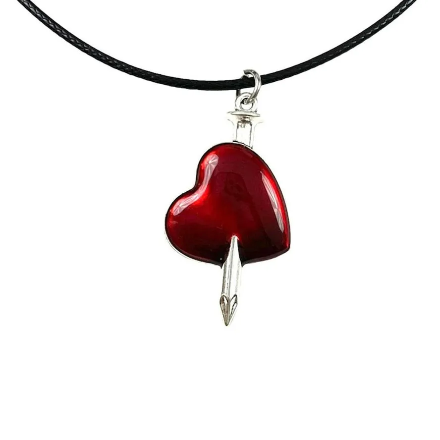 goth 90’s red heart sword necklace bloody heart choker chunky puffy heart pendant necklace with black leather chain jewelry