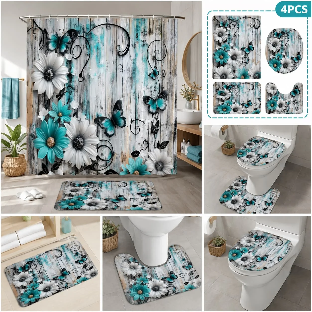 2D Flat, 2D FLAT Printing 4pc Set, Fashionable and Simple Teal and White Floral Butterfly Bathroom Set - Shower Curtain Non-Slip Rugs, Toilet Lid Cover, Exquisite and Practical Home Decoration Gifts., 2D Flat
