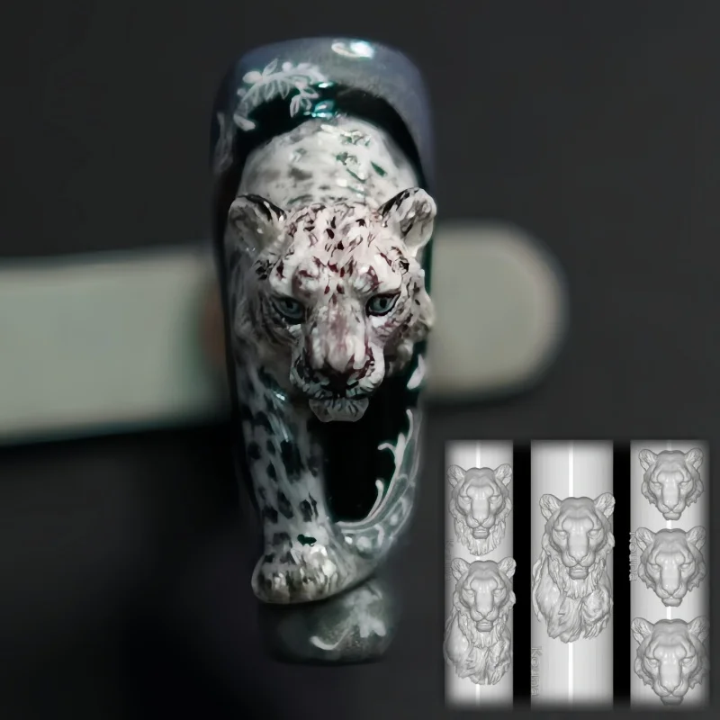 แม่พิมพ์เพ้นท์เล็บลายหัวเสือดาวหิมะ ลายหัวสิงโต ลายสัตว์และสัตว์ร้าย ตกแต่งเล็บแบบสามมิติ